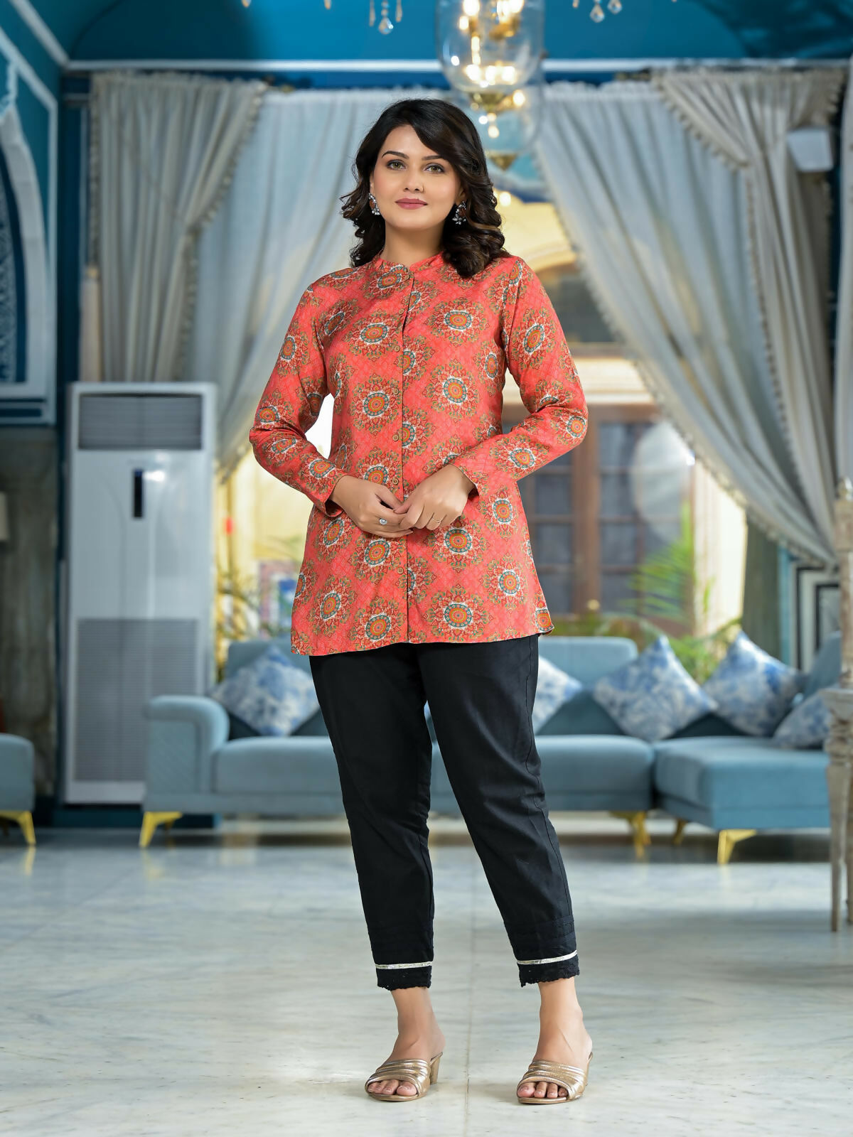 Juniper Women's Orange Ethnic Motif Printed Viscose Tunic With Buttons Detailing | Grocsy