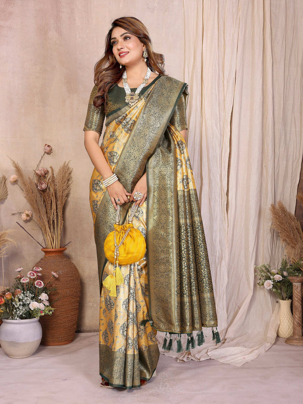 Aastha Fashion Mustard Banarasi Tissue Silk Weaving Saree | Grocsy