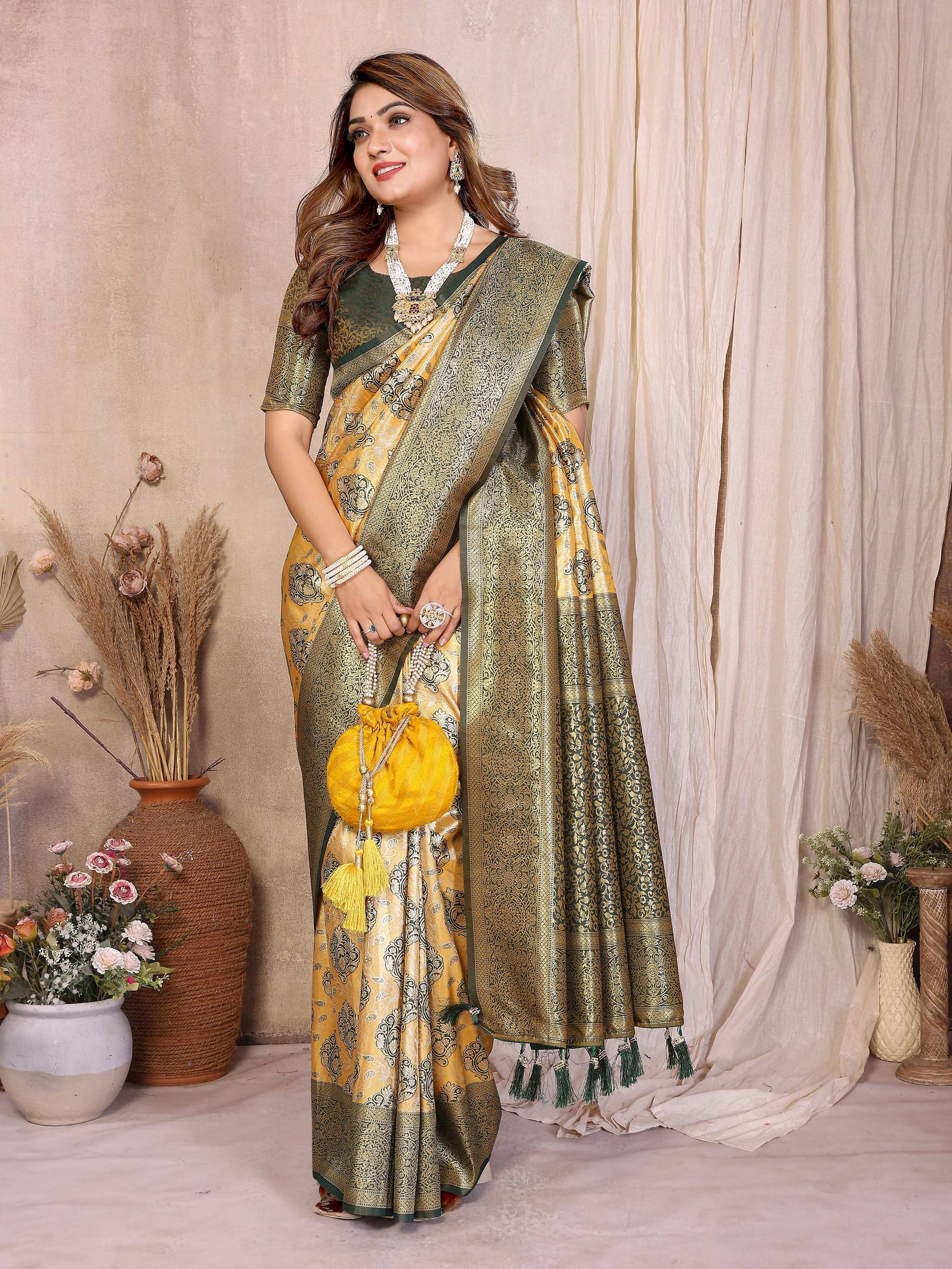 Aastha Fashion Mustard Banarasi Tissue Silk Weaving Saree | Grocsy