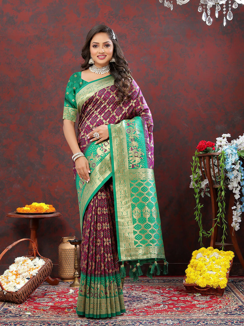 Lorenvalley Fashion Wine & Green Patola Silk Woven Design Meenakari Weaving Saree | Grocsy