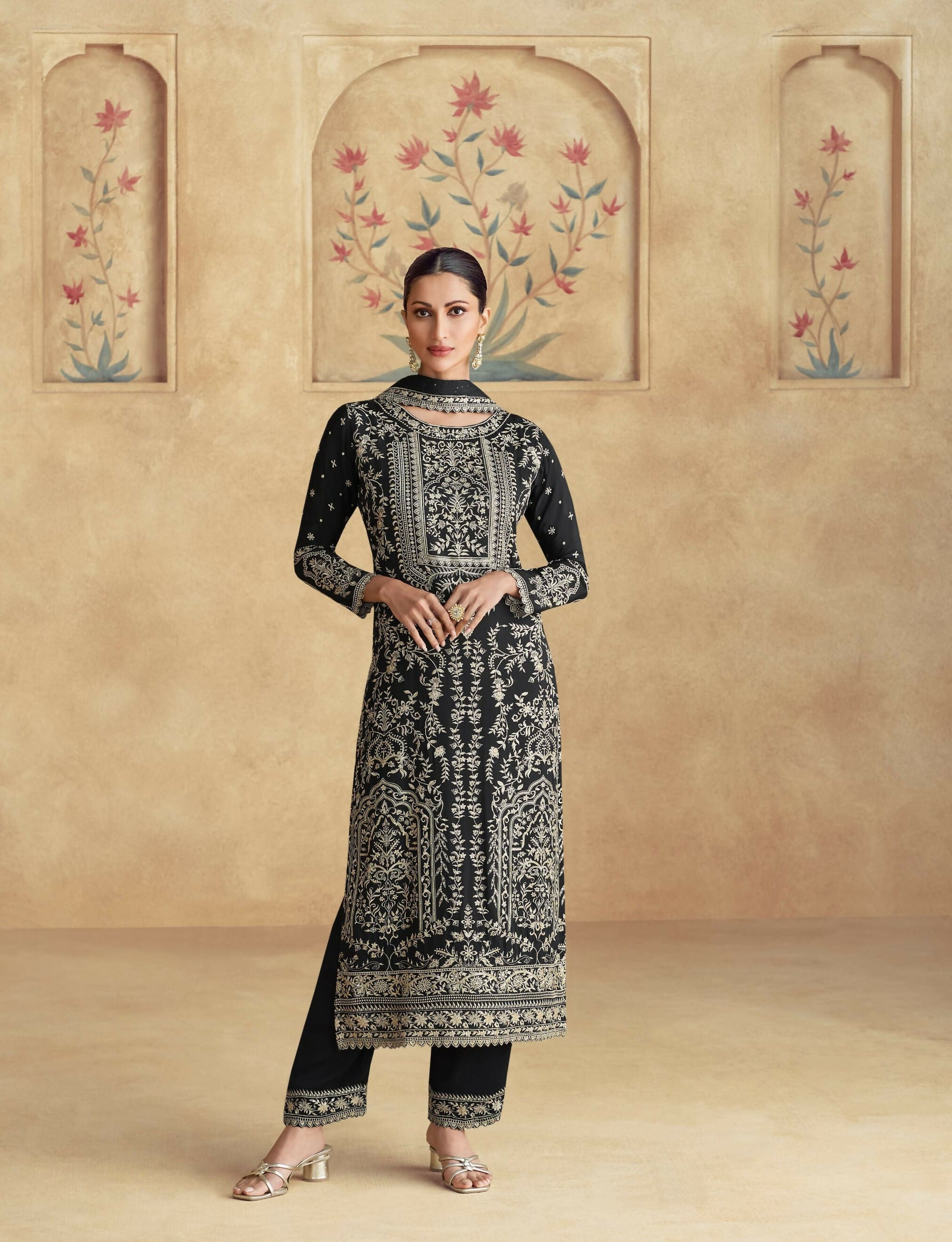 Anaita Black Premium Chinon Embroidered Sequin Work Ready Made Suit | Grocsy