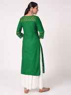 Cheera Hand Block Print Bottle Green & White Straight Kurta With Palazzo (MAAI-093K) | Grocsy