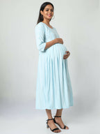 Manet Three Fourth Maternity Dress Striped With Concealed Zipper Nursing Access - Light Blue | Grocsy