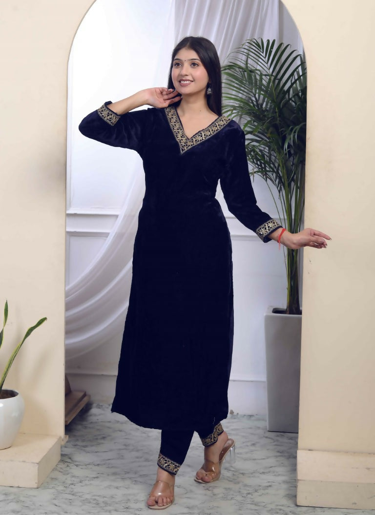 Miravan Women's Blue Velvet Embroidered/Sequence Work Straight Kurta with Palazzo | Grocsy