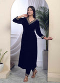 Miravan Women's Blue Velvet Embroidered/Sequence Work Straight Kurta with Palazzo | Grocsy