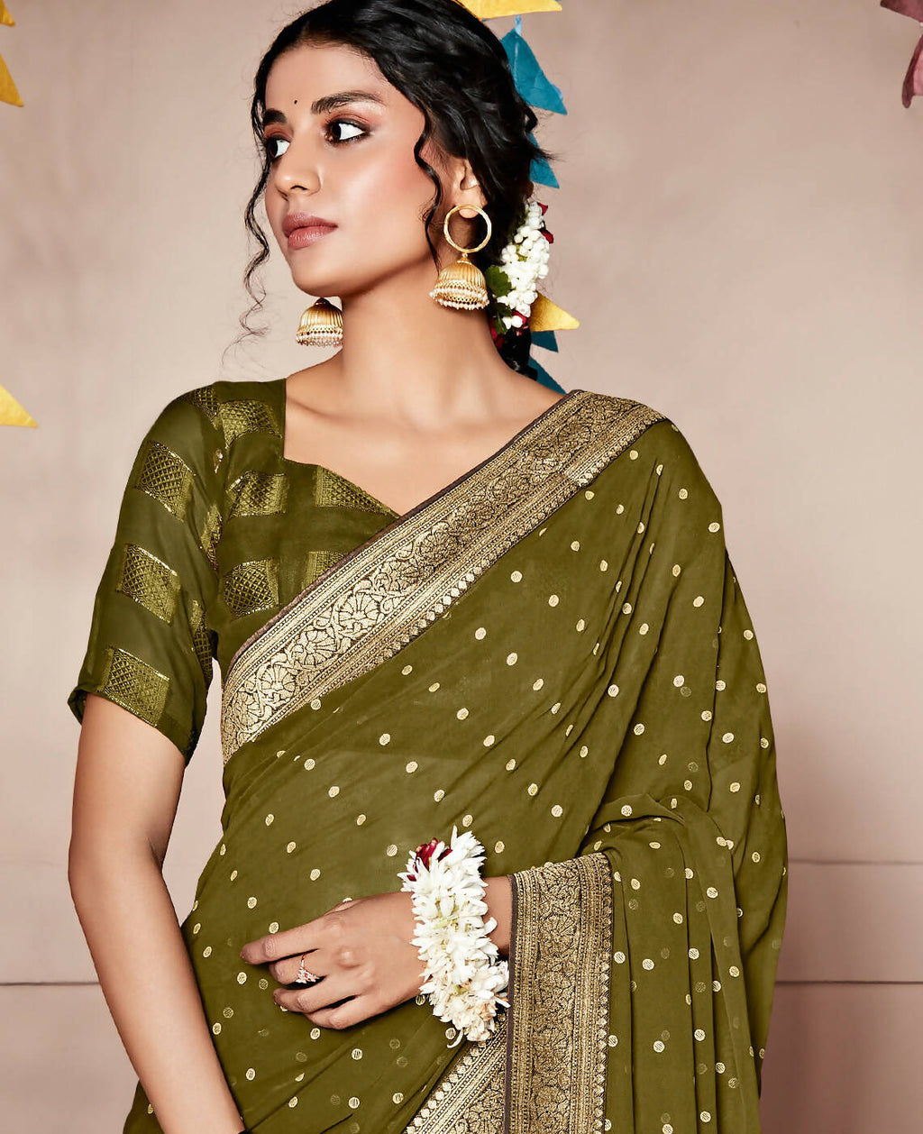 Green Georgette Foil Printed Saree With Unstitched Blouse Piece - Nitya | Grocsy