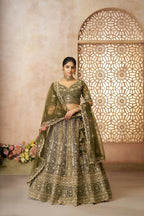 Kesar Fab Mehendi Net Hand_Woven Lehenga | Grocsy