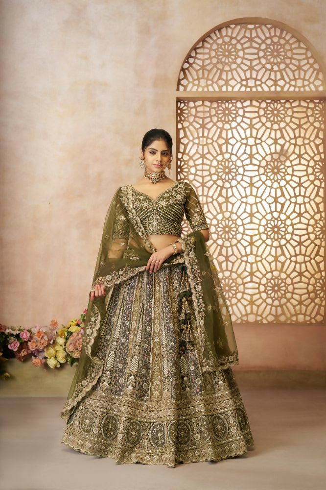 Kesar Fab Mehendi Net Hand_Woven Lehenga | Grocsy