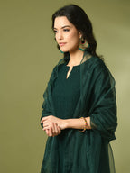 Myshka Women's Green Embroidered Cotton Straight Party Kurta Set With Dupatta | Grocsy