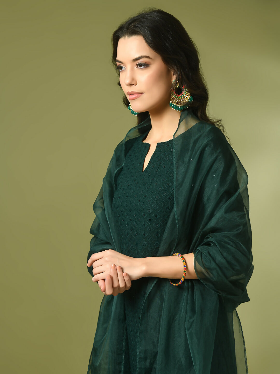 Myshka Women's Green Embroidered Cotton Straight Party Kurta Set With Dupatta | Grocsy