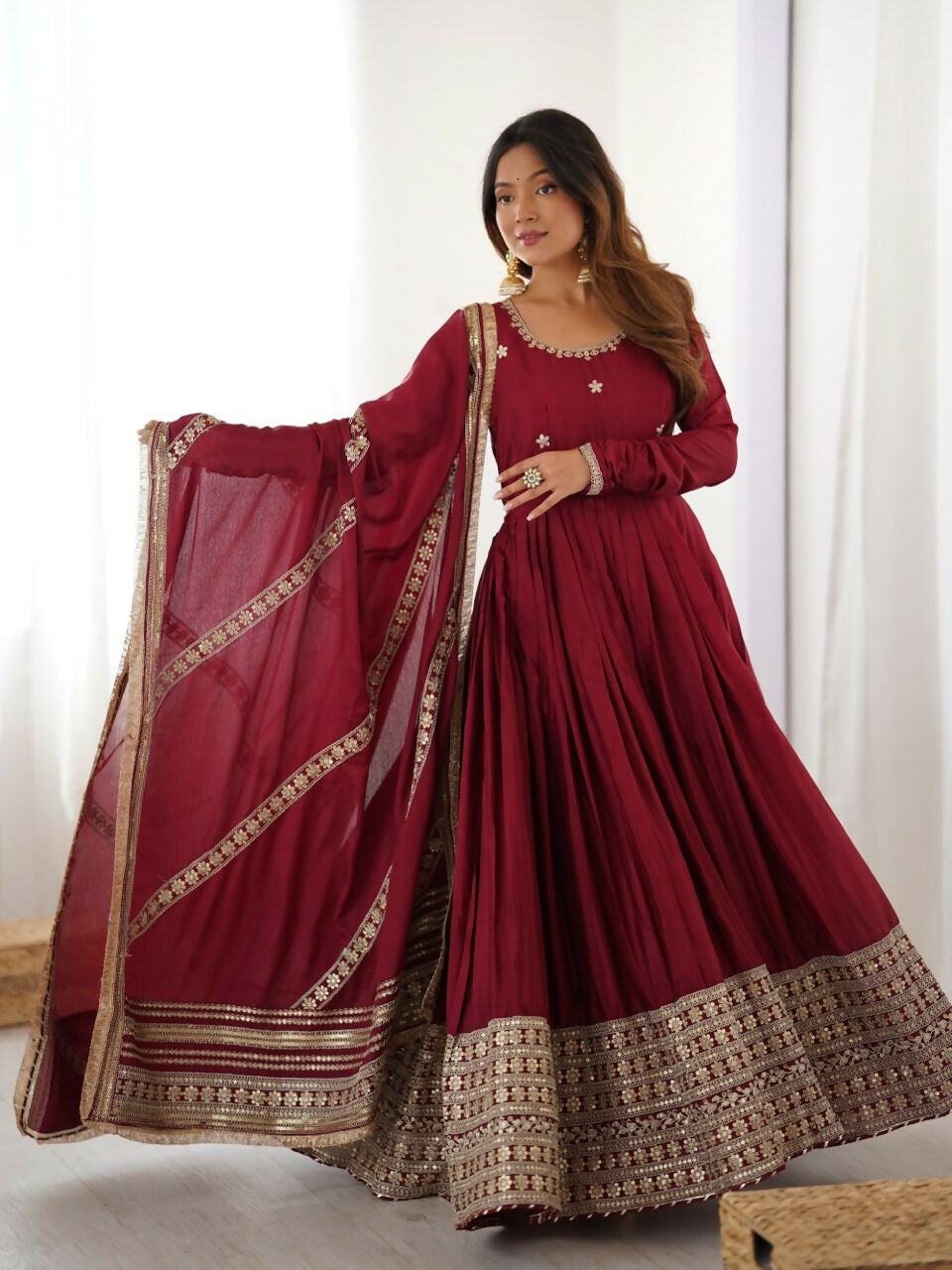 The52 Women's Gorgeous Chinon Silk Fabric Embroidery Work Flared Anarkali Pant and Dupatta Set | Grocsy