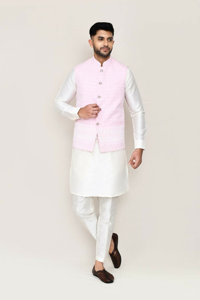 Joban Fashion White Colored Art Silk Fabric Kurta, Jacket With Straight Fit Pant | Grocsy