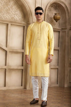 Raivat Ethnic Banarasi Art Silk Mirror Work Kurta Pajama In Yellow Colour | Grocsy