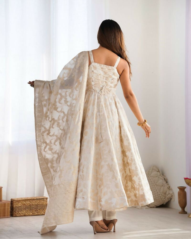 The52 Women's Gorgeous Jacquard Work Jacquard Silk Fabric Flared Anarkali Pant and Dupatta Set | Grocsy