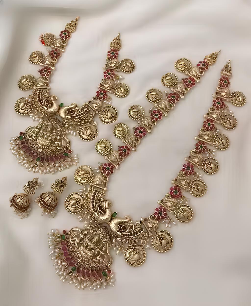 Jewel City Antique Gold Temple Jewelry Set for Women | Lakshmi Coin Haram & Choker with Jhumka Earrings | Bridal South Indian Jewellery | Grocsy