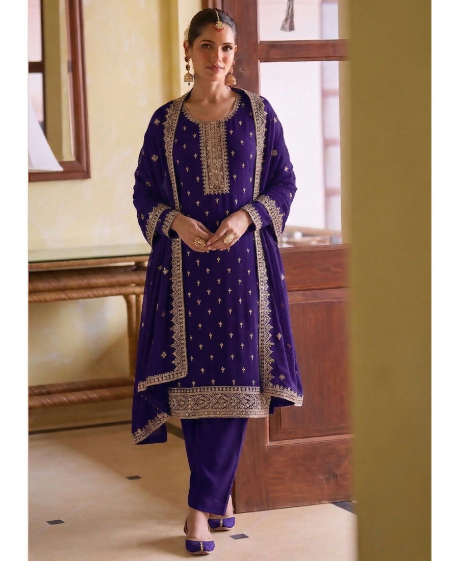 KC Purple Georgette Straight Suit With Heavy Embroidery | Grocsy