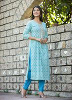 Kaajh Women's Sky Blue Floral Printed Cotton Kurta Pant Set | Grocsy
