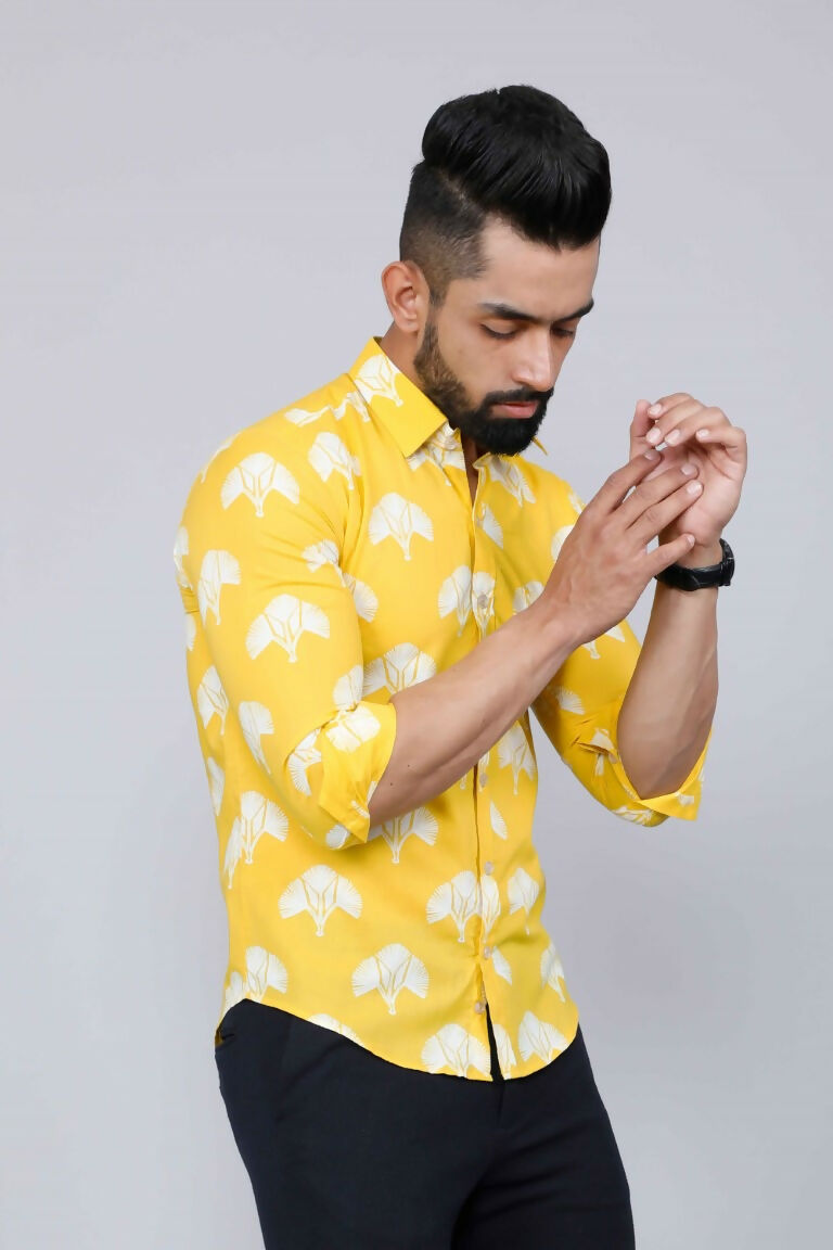 Miravan Men's Yellow and White Floral Printed Full Sleeves Cotton Casual Shirt | Grocsy