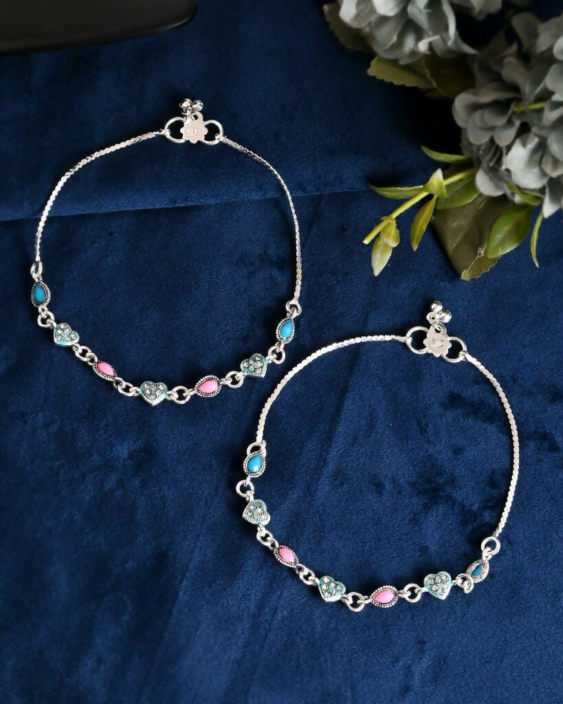 VOJ Set of 2 Silver Plated Heart Shaped Meenakari Anklet | Grocsy
