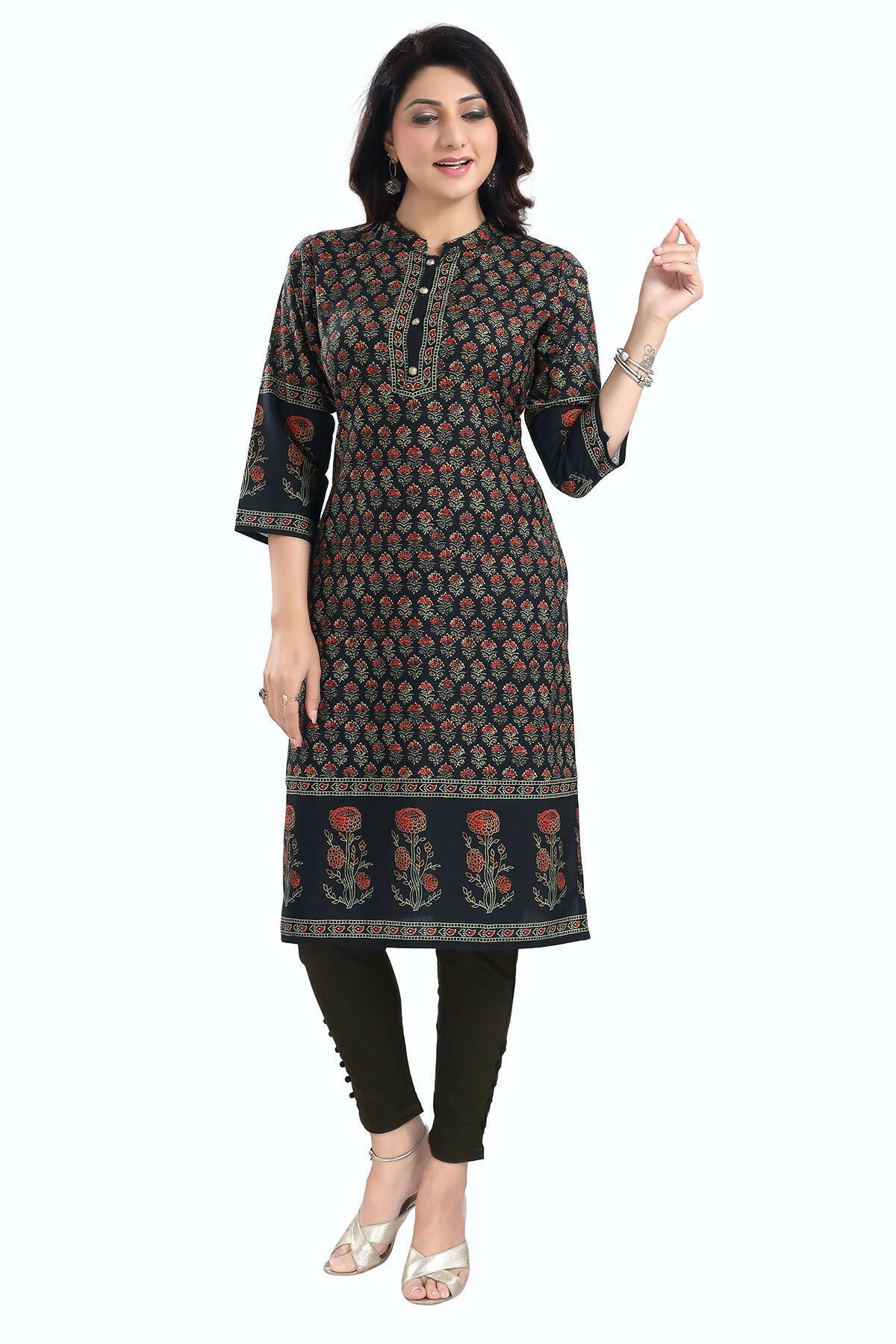 Snehal Creations Breathtaking Black Designer Digital Print Cotton Slub Fabric Long Kurti Tunic | Grocsy