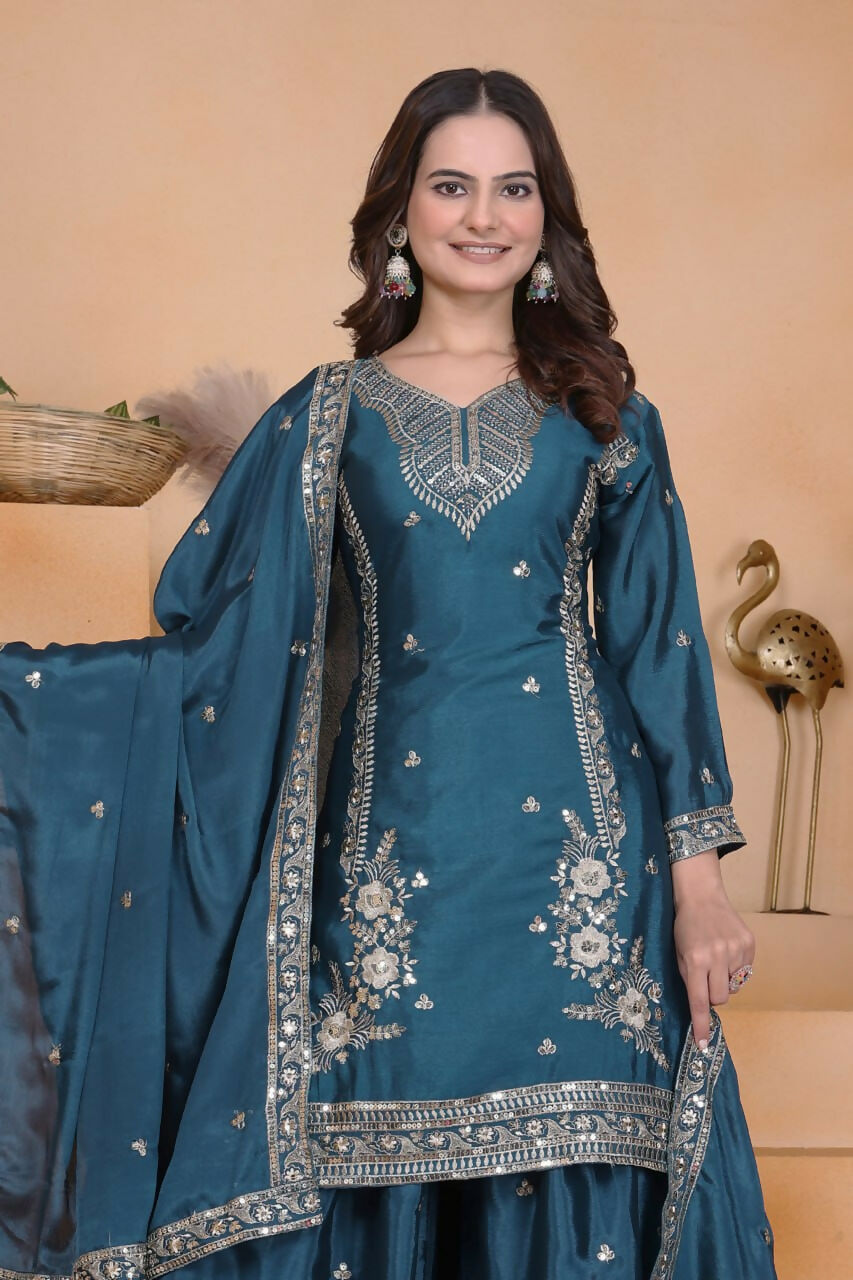 Teeya Creation Teal Color Chinon Silk Wedding Wear Trending Palazzo Set | Grocsy