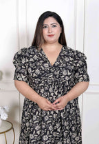 Miravan Women's Plus Size Pleated Puff Sleeve Floral Pure Cotton Black And White Butterfly Maxi Dress | Grocsy
