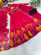 Teeya Creation Womens New Organza Soft Taby Silk Heavy Quality Fabric With Digital Print Pink Gown Set | Grocsy