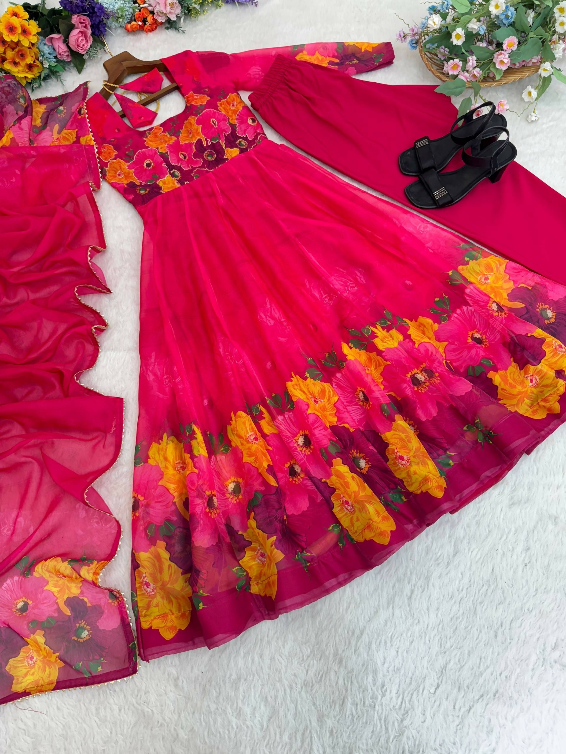 Teeya Creation Womens New Organza Soft Taby Silk Heavy Quality Fabric With Digital Print Pink Gown Set | Grocsy