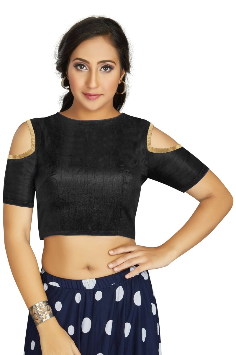 Aastha Fashion Women's Black Art Silk Cold Shoulder Sleeve Readymade Blouse | Grocsy