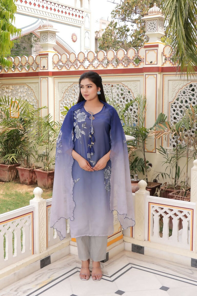 Vaasva Women Blue Tabby Slik Print & Embroidered Kurta, Pant & Dupatta Set | Grocsy