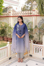 Vaasva Women Blue Tabby Slik Print & Embroidered Kurta, Pant & Dupatta Set | Grocsy