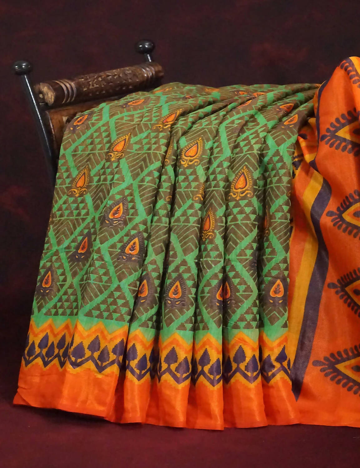 Parrot Green And Orange Colour Printed Cotton Brasso Saree By Gayathri Reddy Designer Studio | Grocsy