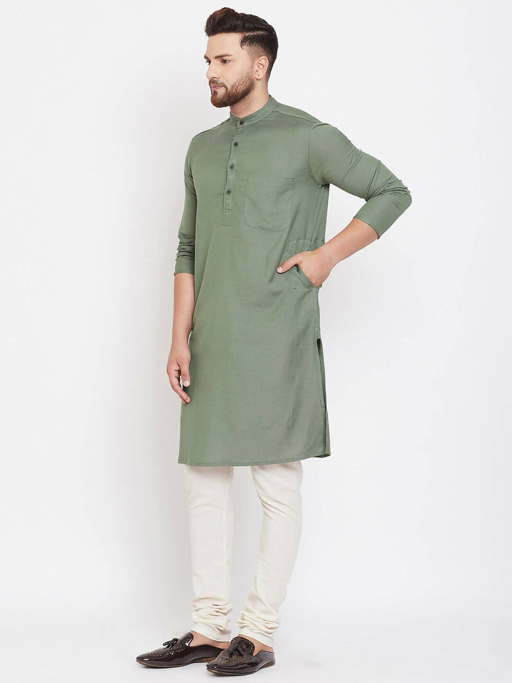 Even Apparels Green Color Linen Linen Men's Kurta With Band Collar | Grocsy