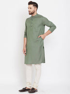 Even Apparels Green Color Linen Linen Men's Kurta With Band Collar | Grocsy