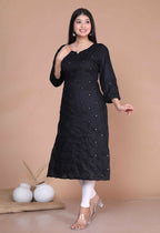 Miravan Women's Black Embroidered And Mirror Work Pakistani Straight Kurti | Grocsy