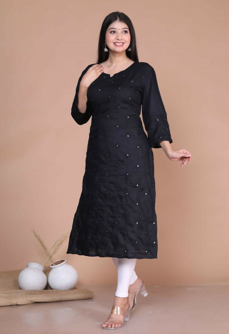 Miravan Women's Black Embroidered And Mirror Work Pakistani Straight Kurti | Grocsy