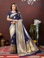 Lorenvalley Fashion Navyblue Soft Silk Woven Design Gold Zari Weaving Saree | Grocsy