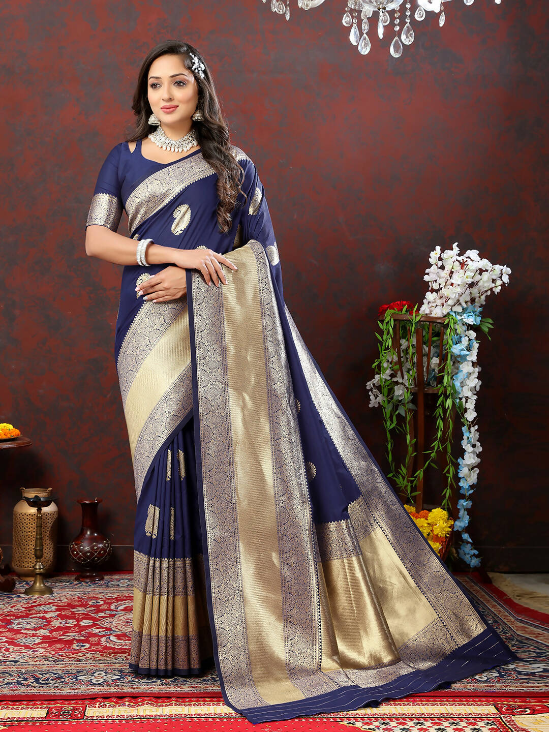 Lorenvalley Fashion Navyblue Soft Silk Woven Design Gold Zari Weaving Saree | Grocsy