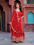 The52 Women's Beautiful Faux Georgette Fabric Embroidery Work Flared Anarkali Pant and Dupatta Set | Grocsy