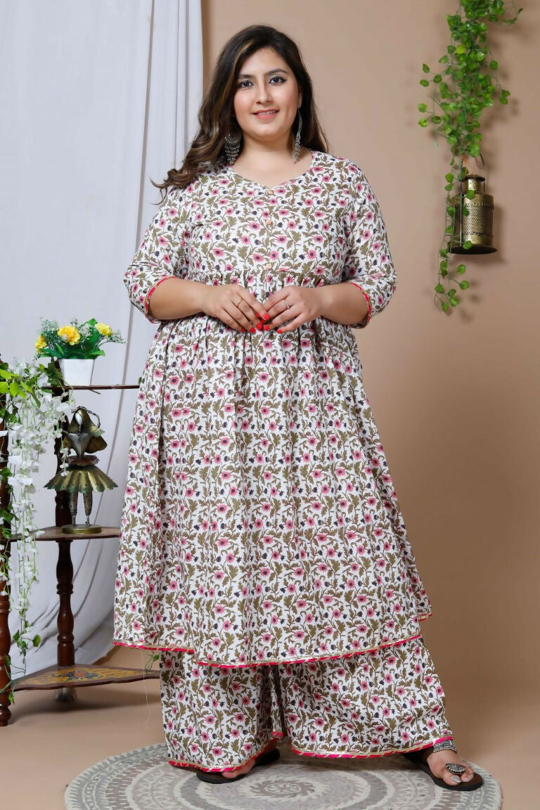 Miravan Women's Cotton Floral Print Anarkali Kurta Sharara | Grocsy
