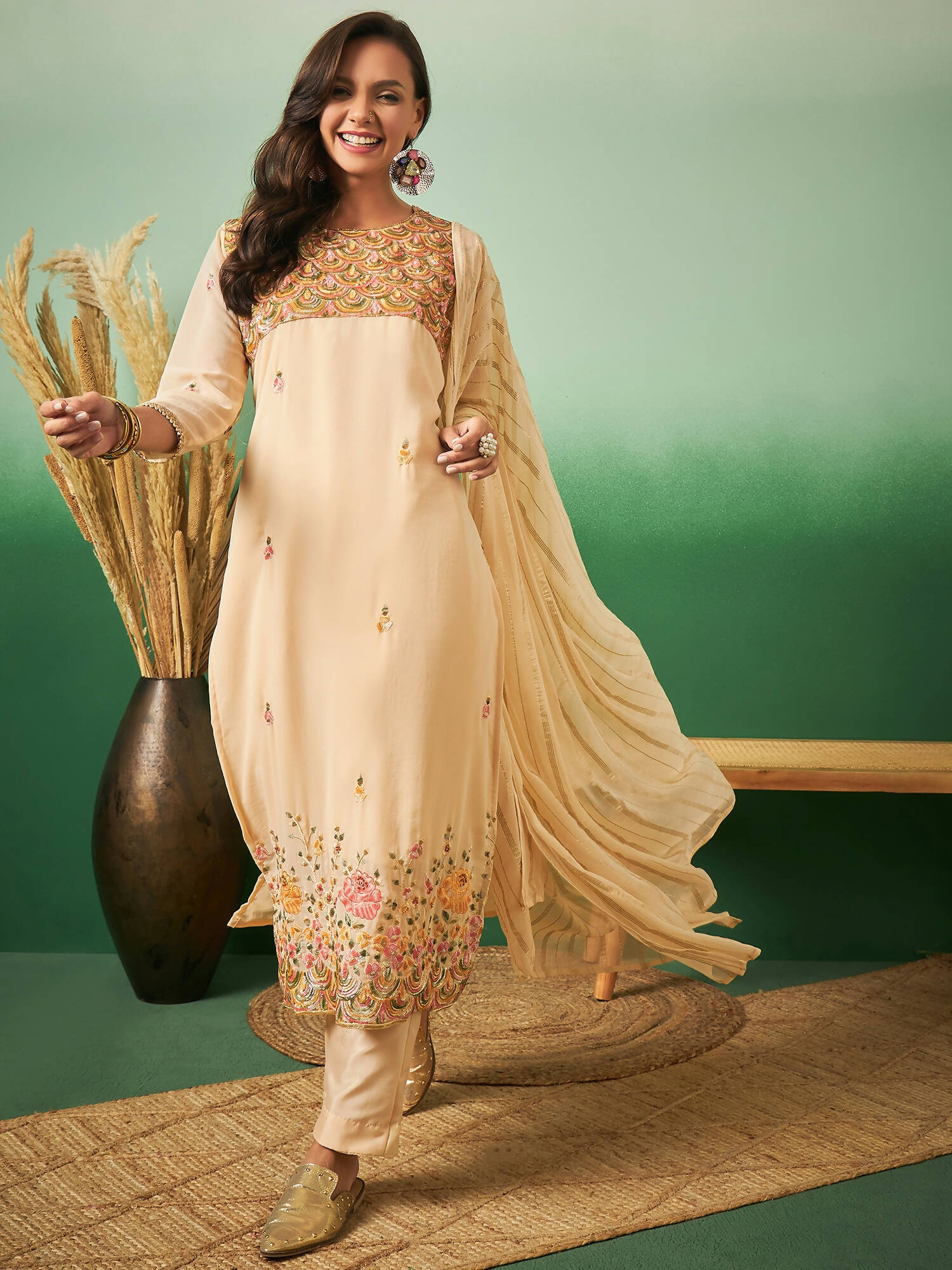 Light Orange Georgette Handwork Unstitched Dress Material - Hanika | Grocsy