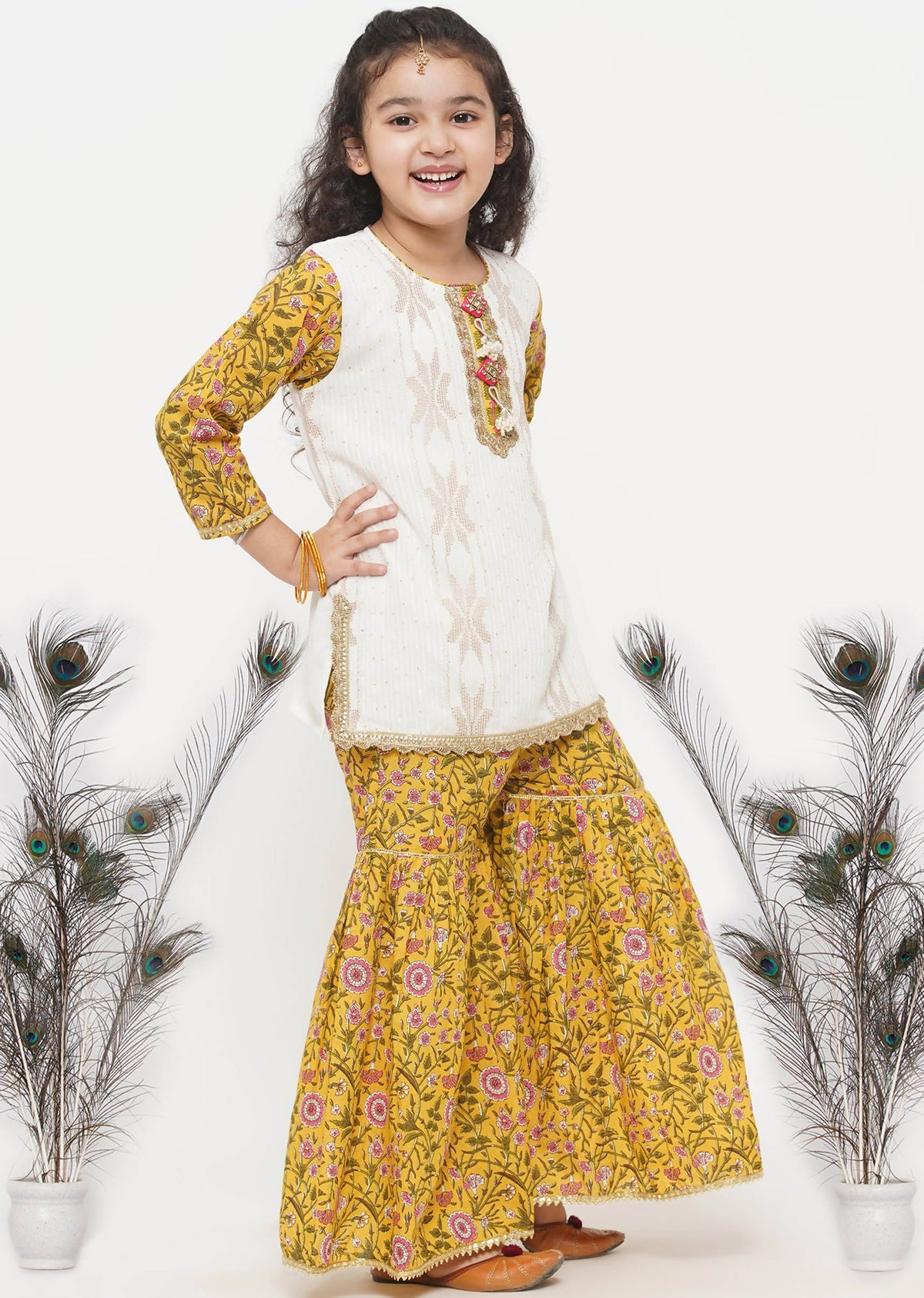 Little Bansi Girls Cotton Embroidery Kurta with floral sharara with Dupatta - White & Yellow | Grocsy