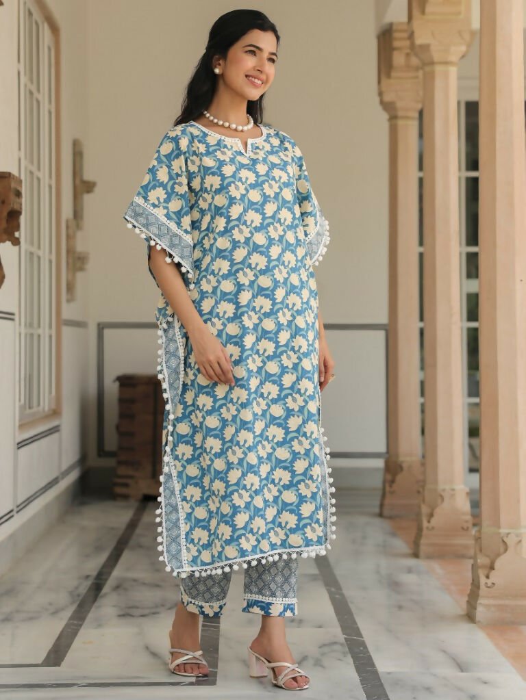 Aramya Kaftan Soft Cotton Floral Print Women's Kurta Set - Blue | Grocsy