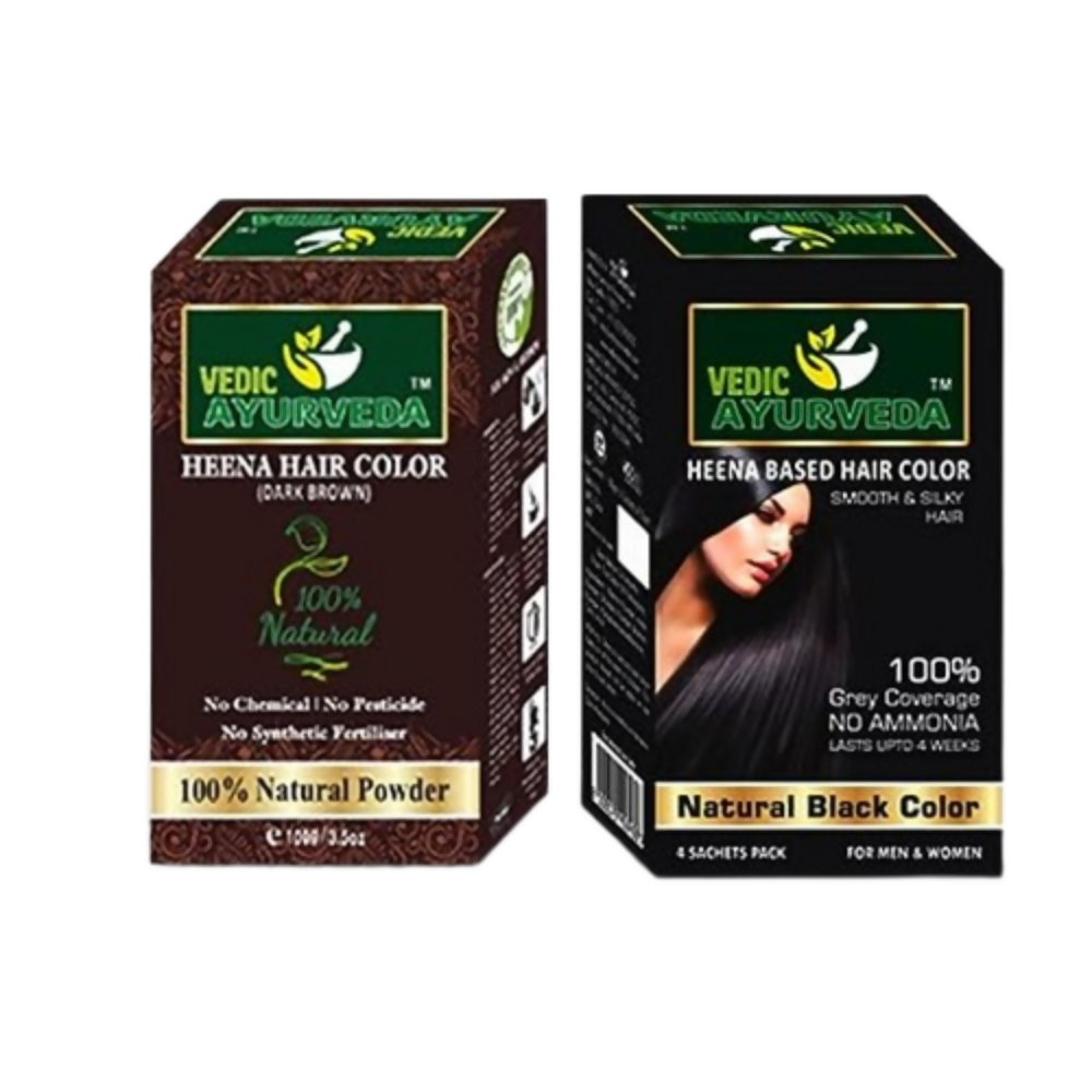 VedicAyurveda Natural Henna Dark Brown & No Ammonia Black Hair Color Powder | Grocsy
