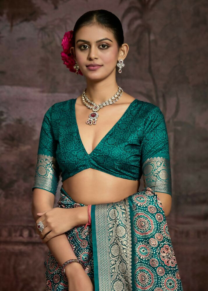 Joban Fashion Rama Green Dola Tussar Silk Self Jacquard Border Saree | Grocsy