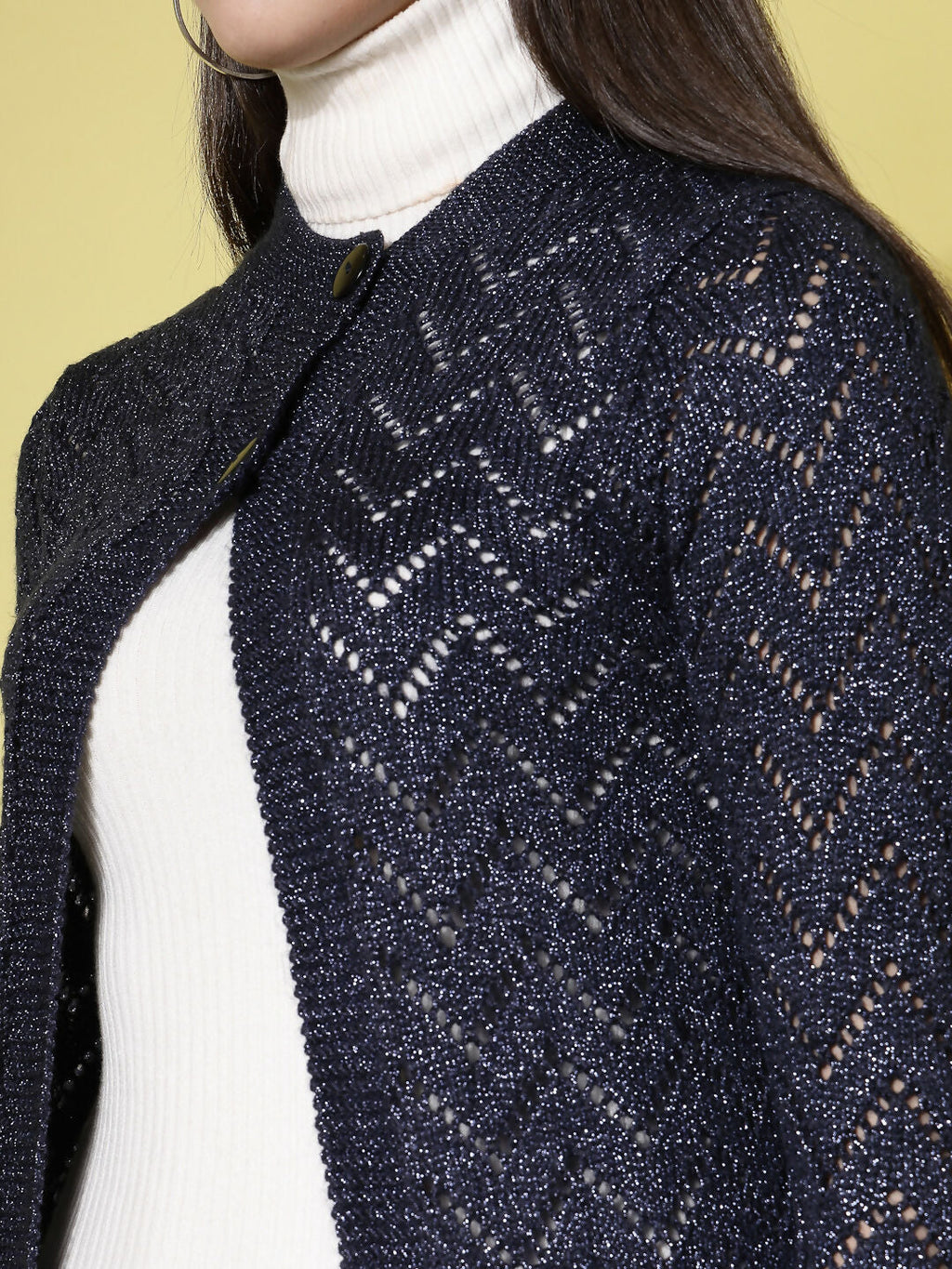 Women Self Design Long Navy Blue Acrylic Winter Shrug - Wool Trees | Grocsy