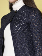 Women Self Design Long Navy Blue Acrylic Winter Shrug - Wool Trees | Grocsy