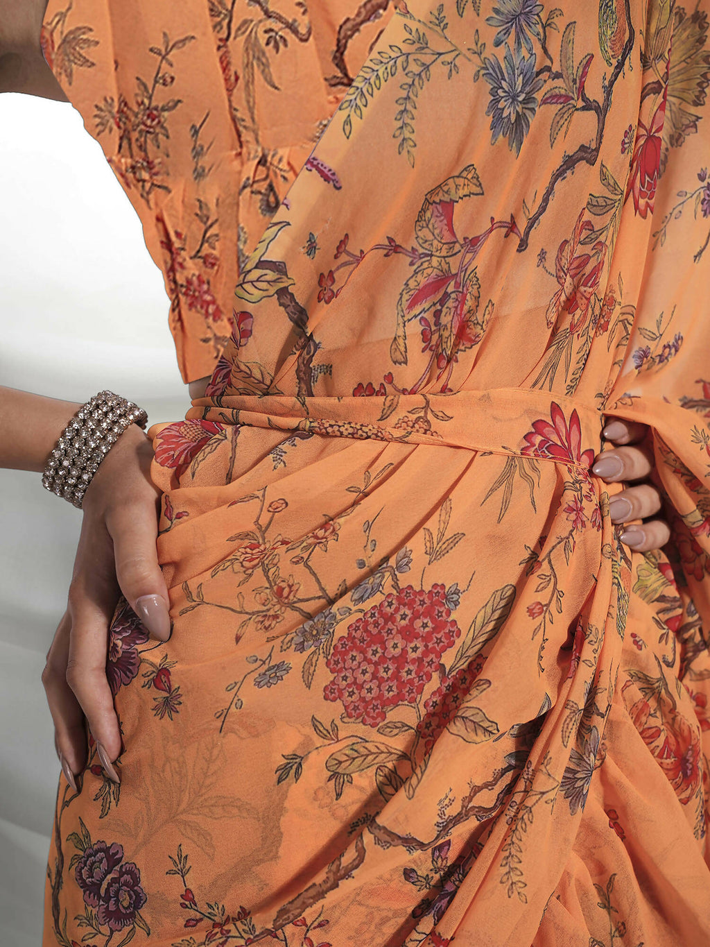 Orange Georgette Floral Printed Saree With Unstitched Blouse Piece - Rajal | Grocsy