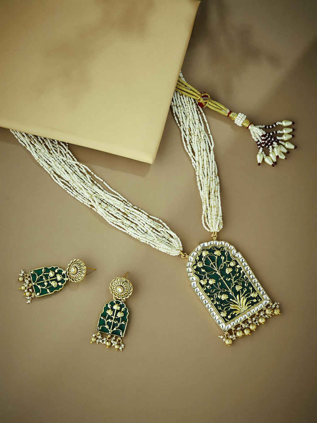 Nuyug 22K Gold-Plated Pearl Beaded Strings Green Enamel Pendant with Floral Motifs Necklace Set | Grocsy