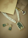 Nuyug 22K Gold-Plated Pearl Beaded Strings Green Enamel Pendant with Floral Motifs Necklace Set | Grocsy